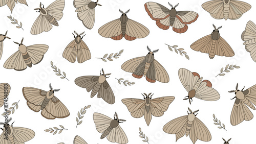 Decorative pattern featuring multiple moth species and small branches arranged randomly on a clean white background for design.