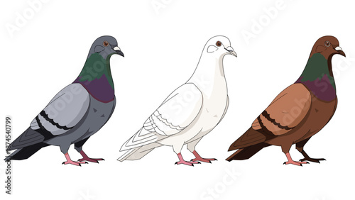 Row of three pigeons featuring different plumage colors including grey white and brown standing together against a plain white background.