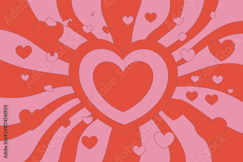 Stylized red and pink radiating heart pattern bursts outward against a groovy background design element.