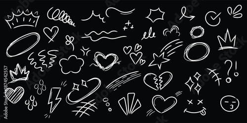 White doodle shapes heart, star, lightning, cloud, crown and arrow, on black. .Hand drawn doodle symbols black background. Cute sketch doodle elements