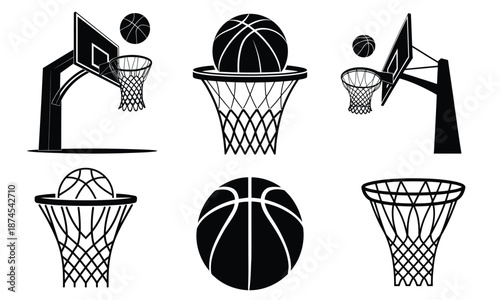 Vintage basketball hoop and ball silhouette vector set isolated on white background, street basketball net icons, sports equipment illustration for logo, poster, t shirt, and branding