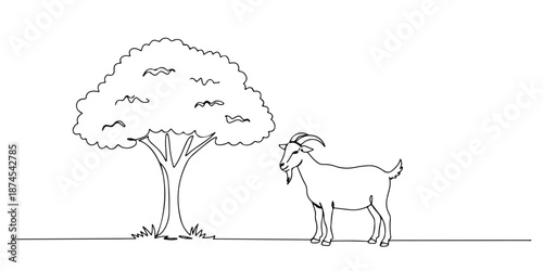 A continuous line drawing of a goat standing calmly under a tree, representing the symbol of sacrifice in Eid al-Adha, the Islamic holy day, Eid al-Fitr, Eid al-Adha, Maulid Nabi, Isra Miraj