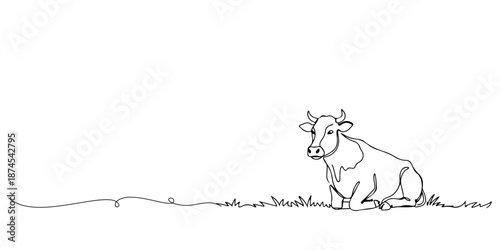 Continuous one line drawing of a cow sitting quietly in the pasture, representing the meaning of sacrifice and submission, the Islamic holy days, Eid al-Fitr, Eid al-Adha, line art style illustrator