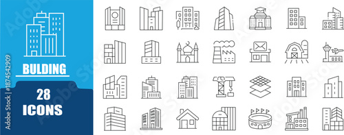 Building outline editable icon set.. Contains icon related to  Including office building, skyscraper, house, factory, mosque, airport,  crane, city  modern architecture, and more .Editable stroke.