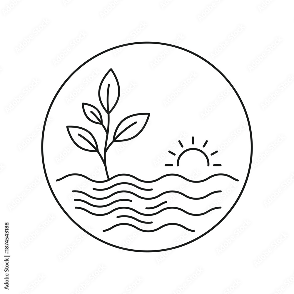 Fototapeta premium Black and white line art of a sprout growing from water with a sun plant growth