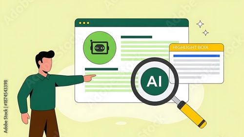 AI-Powered Webpage Analysis and Digital Content Review Concept with Search Optimization, Analytics, and Interactive Dashboard Illustration