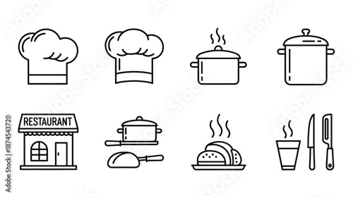 Culinary icons chef hats cookware restaurant sign and food items in line art