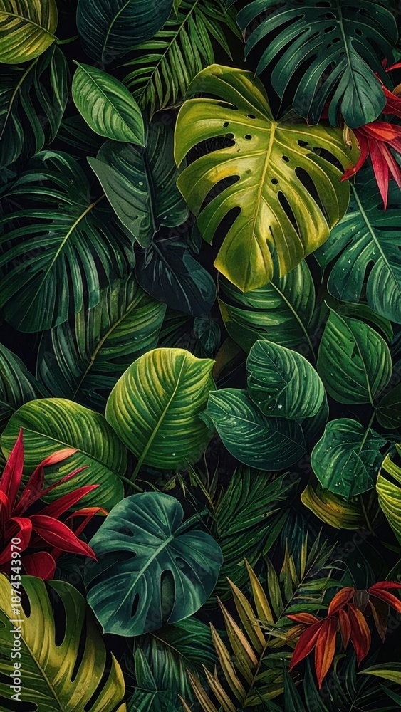 Fototapeta premium Lush Green Tropical Foliage with Vibrant Red Leaves in Background