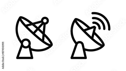 Two satellite dishes depicted in a simple black and white line art style