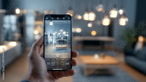Wallpaper Mural A hand holds a smartphone, photographing a cozy living room with elegant lighting and modern furniture. The scene highlights smart living, interior design, and digital photography concepts Torontodigital.ca