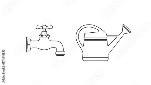 Simple line art illustration of a faucet and watering can
