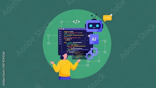 AI Software Development and Coding Workflow Concept with Programmer and Artificial Intelligence Illustration