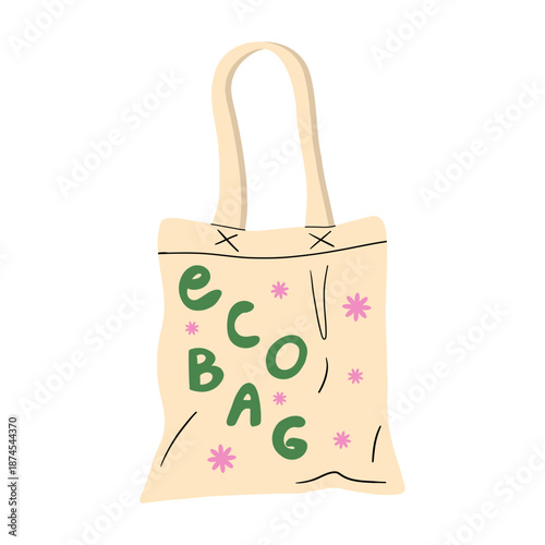 Eco grocery bag icon. Reusable shopping bag, no waste paper bag for groceries, flat cartoon design. Zero waste textile shopping bag