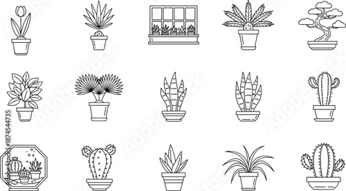 Black line icon set of various indoor potted plants including succulents, cacti, bonsai trees, and tropical houseplant greenery, isolated on white,