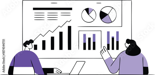 Minimalist purple figures communicating with sound waves