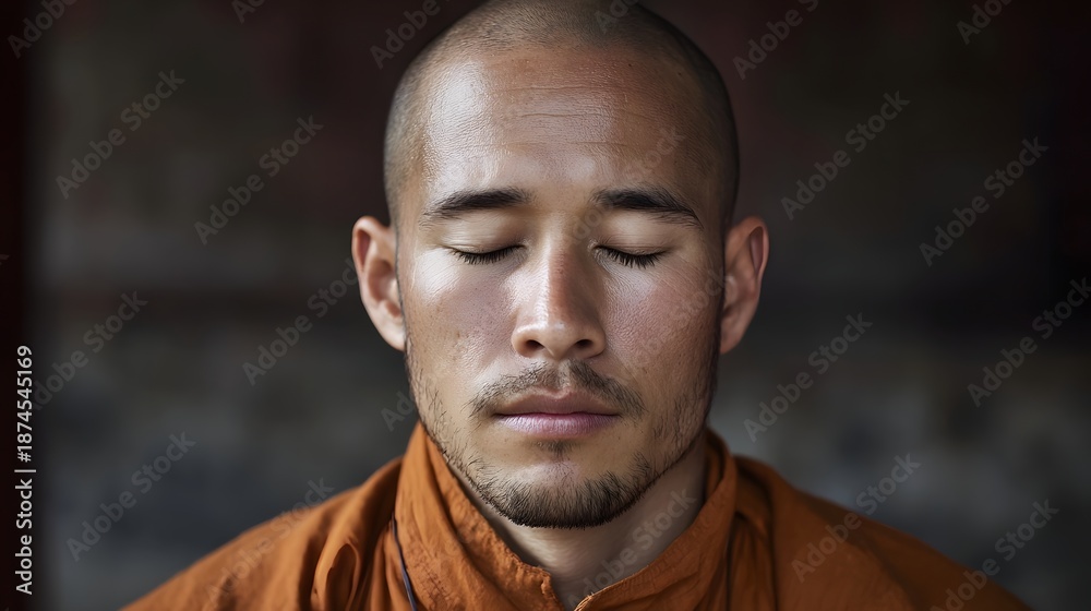 Fototapeta premium Close up portrait of a serene bald monk with eyes closed meditating in soft natural light