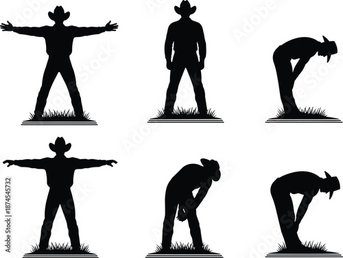 Black silhouettes of cowboys in hats standing on grass, arms outstretched, leaning over, and resting, isolated on white background, vector set.