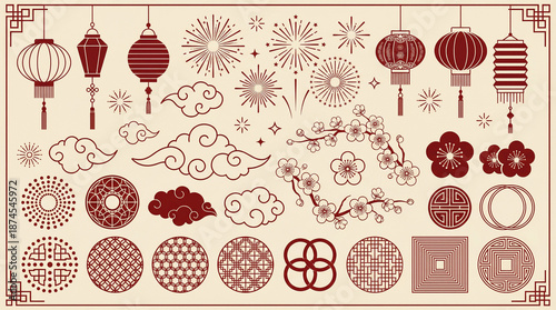 Traditional chinese new year elements, asian oriental ornaments. Japanese festive decorations, clouds, flowers and patterns vector set. Illustration of traditional chinese lunar symbol and elements