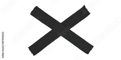 Tableau sur toile Black gaffer tape strips crossed in an X shape adhesive duct tape mark symbol on white background