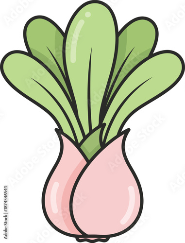 Cartoon kohlrabi with green leaves on a white background
