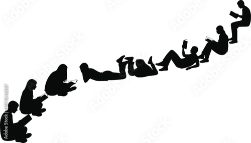 Silhouette of people reading books and tablets in various relaxed postures, symbolizing learning, education, and intellectual growth through reading.