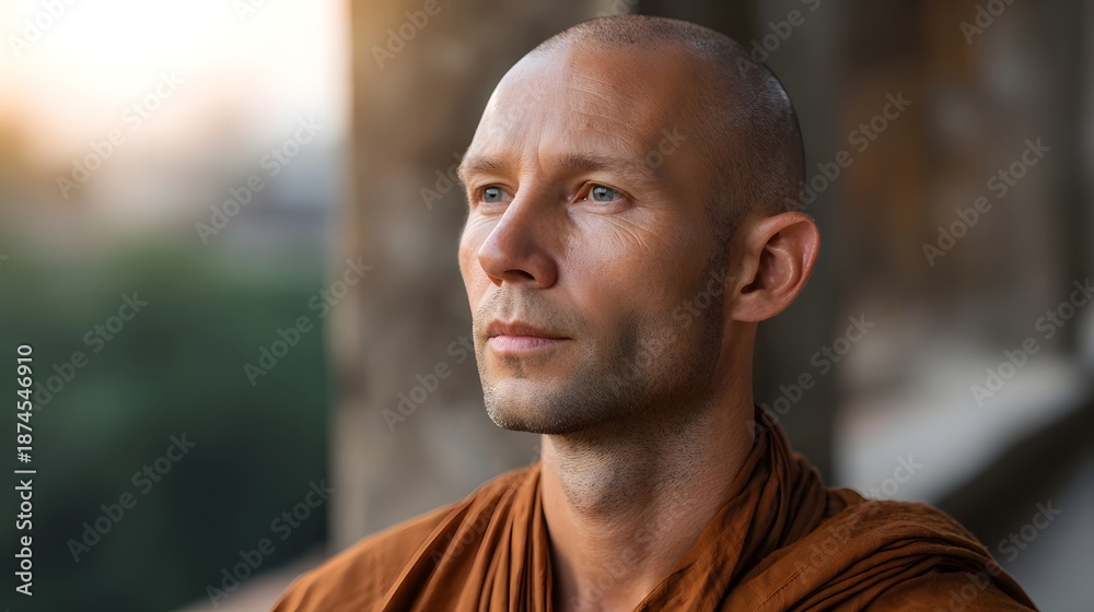 Naklejka premium A bald Buddhist monk in a saffron robe gazes thoughtfully to the side in golden hour light