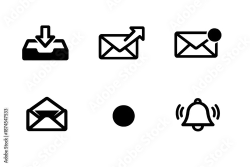 Set of six black messaging and notification icons in flat vector style. Minimal outline symbols designed for inbox apps, dashboards and digital communication tools.