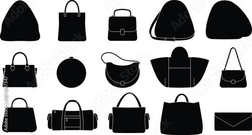 Black silhouette icons of various women’s handbags including tote, clutch, satchel, shoulder, duffel styles in grid vector layout.