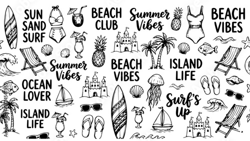 Beach-Themed Doodle Collection, Summer and Tropical Icons for Travel and Design, beach, summer, tropical, doodle, doodles, illustration, vector, clipart, sun, sand, surf, surfboard, swimsuit, 