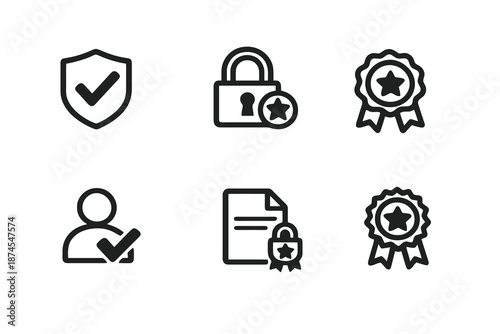 Black flat vector icon set focused on trust, verification and quality assurance. Clean outline symbols for security badges, approvals and credibility indicators in interfaces.