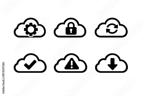 Set of six black cloud service icons in flat vector style. Minimal outline symbols designed for SaaS dashboards, cloud software and infrastructure interfaces.