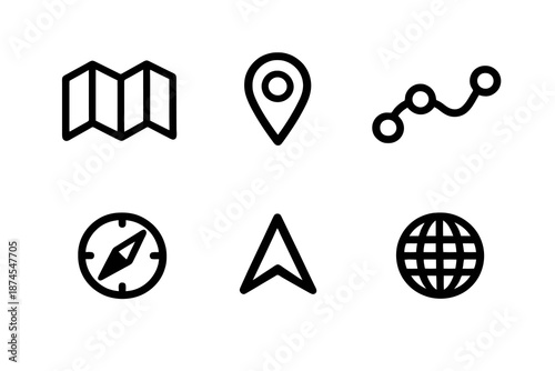 Black flat vector icon set focused on maps and navigation. Clean outline symbols for location services, routing apps and geographic interface design.