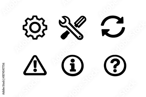 Black flat vector icon set focused on system tools and interface support. Clean outline symbols for settings menus, alerts, help sections and software interfaces.