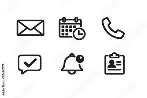 Black flat vector icon set focused on communication and notifications. Clean outline symbols for messaging apps, contact systems and digital communication interfaces.