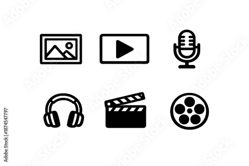 Set of six black media and multimedia icons in flat vector style. Minimal outline symbols designed for content creation apps, streaming platforms and creative dashboards.