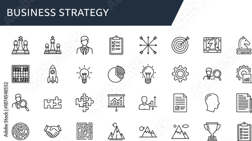 Business strategy line icons set, leadership analytics planning success goal teamwork vector illustration