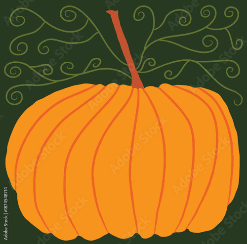 Large Orange Pumpkin with Swirling Vines. Hand Drawn Autumn Vector Illustration.