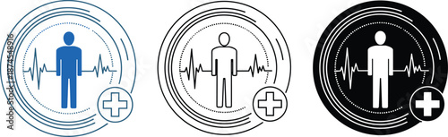 Set of medical health insurance icons featuring human silhouette heartbeat line and first aid cross symbol in circular tech frames