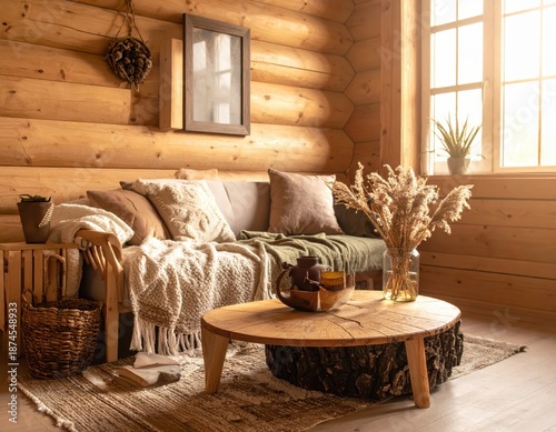 Cozy wooden living room with natural decor and soothing ambiance
