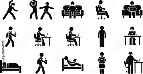 Vector stick figure icon set showing daily routine activities like working on laptop sitting on sofa sleeping reading and exercising