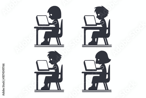 Dark silhouettes reveal diverse kids intently using their laptops