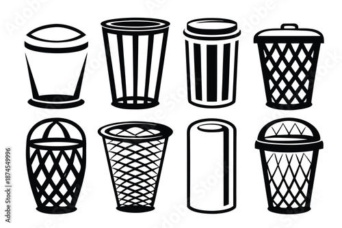 Eight distinctive black outline recycling container variations stand isolated neatly arranged