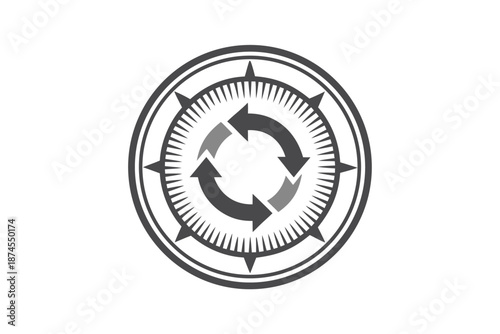Four dark arrows rotate inside a compass circle emblem with transparent background