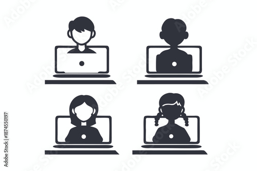 Four diverse avatars present laptop computers on the screen, using solid color, on transparent background