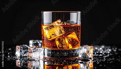 A professional macro shot of a glass of bourbon with clear ice cubes on a black reflective surface.