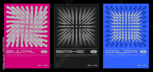 Colorful abstract array poster 3D swirl and spike illusions. Techno optical design with gradient flowers. Vector collection