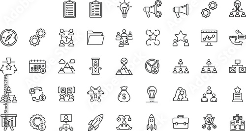 Project management line icons set, business planning teamwork analytics productivity workflow vector