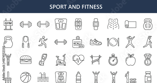 Sport and fitness line icons set, gym workout nutrition health training vector illustration