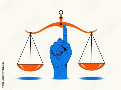 A blue hand holding up a finger under a scale with orange bowls