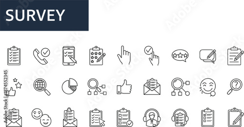 Survey feedback line icons set, customer satisfaction rating checklist communication vector illustration